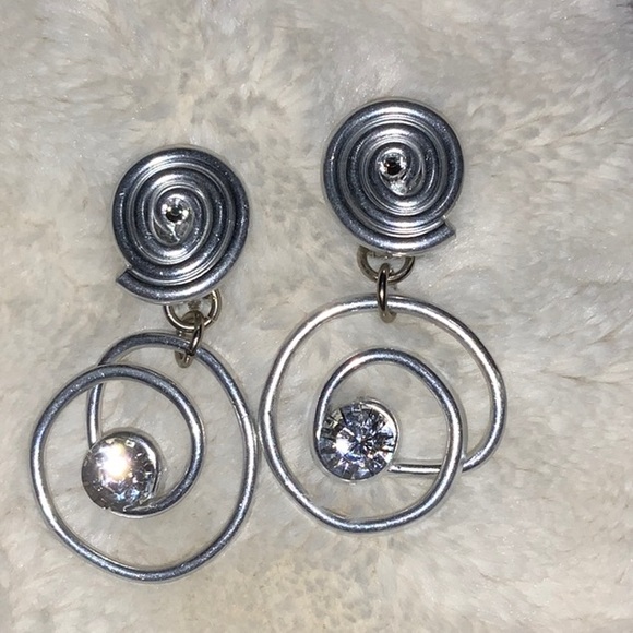 Jeff Lieb Modernist Geometric Clip Earrings Silver-Tone Metal & Clear Stone - Picture 1 of 9